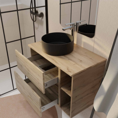 Meuble de salle de bains 80cm TIMBER Décor Chêne 2 Tiroirs et 2 Niches - Plan et Vasque Noire