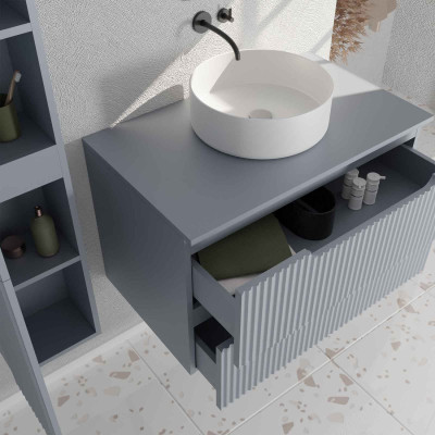 Meuble et colonne de Salle de Bains LEON 80cm Gris souris - Façades Ondulées - Vasque Ronde 36cm