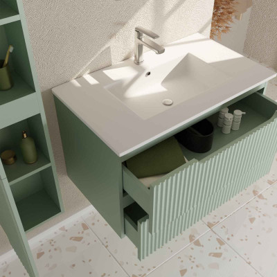 Meuble et colonne de Salle de Bains LEON 80cm Vert Olive - Façades Ondulées - Vasque Blanche Mate