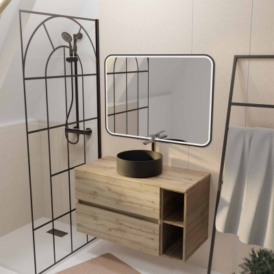 Meuble salle de bains 100 TIMBER Décor Chêne 2 Tiroirs, Vasque Noire, Miroir 100x70 LED bord Noir