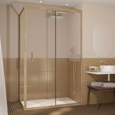 Porte de Douche Coulissante et Retour 120x90x200cm - Profilés Alu Effet Bois - Verre Trempé 6mm