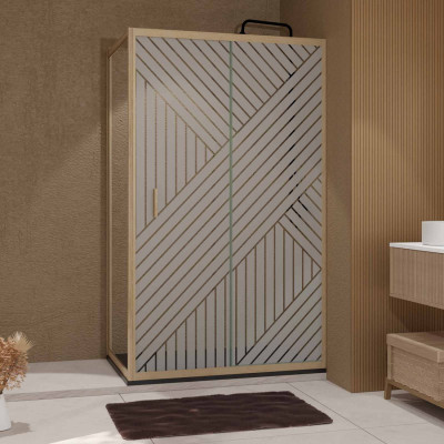 Porte de Douche Coulissante avec Retour 120x90x200cm Style Japandi Géométrique - Cadre Effet Bois