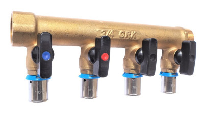 Distributeur MF 3/4" entraxe 50 mm 3 piquages avec mini vannes intégrées à sertir diamètre 16 GRK