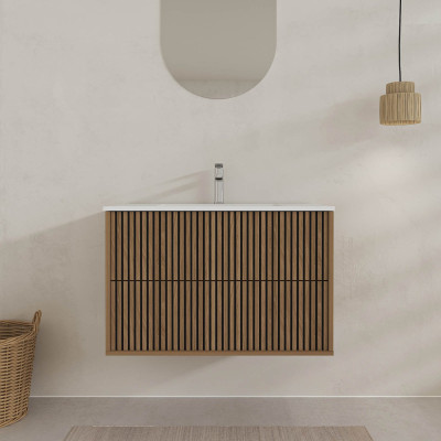 Meuble Salle de Bains 80cm 2 Tiroirs Décor Chêne et Noir Cranté - Vasque Blanche Mate - YUKI