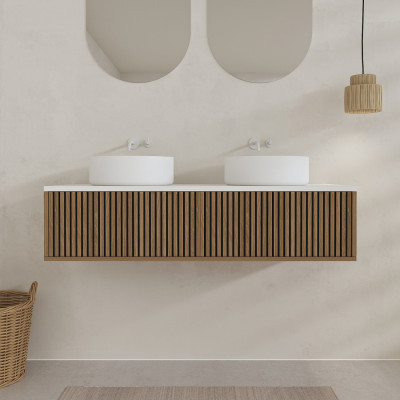 Meuble Salle de Bains YUKI 120 2 Tiroirs Décor Chêne et Noir Cranté - Plan et Vasques Blanches Mates