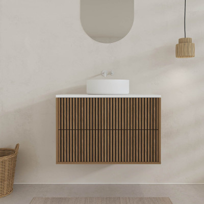 Meuble Salle de Bains YUKI 80 2 Tiroirs Décor Chêne et Noir Cranté - Plan et Vasque Blanche Mate