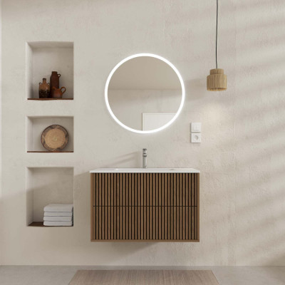 Meuble Salle de Bains YUKI 60 - 2 Tiroirs Décor Chêne et Noir - Vasque Blanche - Miroir LED Ø60