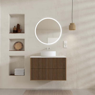 Meuble Salle de Bains 60 2 Tiroirs Décor Chêne et Noir - Vasque et Plan Blancs - Miroir LED Ø60