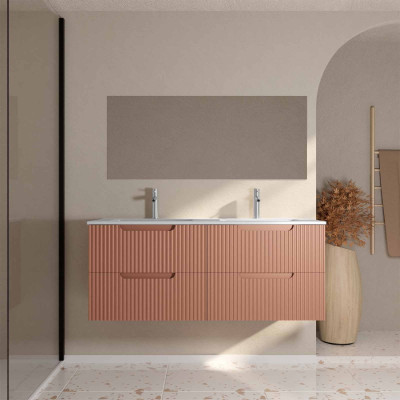Meuble de Salle de Bains LEON 120cm Terracotta - 4 Tiroirs en MDF Ondulés - Vasque à encastrer