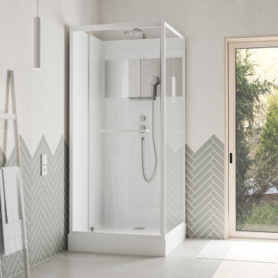 Cabine de Douche Carrée 90x90cm Porte Pivotante - Blanche - Bande Effet Miroir - SQUARE STRIPE