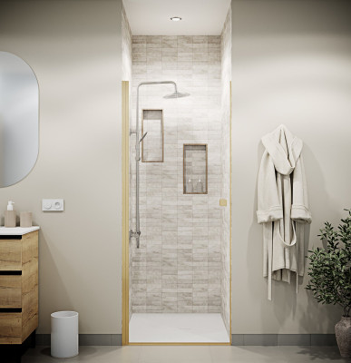 Porte de Douche Pivotante 90x180 cm en Verre Trempe 5 mm - Finition Or Brosse - GOLD ELEMENTARY