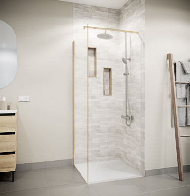 Retour pour Porte de Douche 80×180 cm Verre Trempe 5mm - Finition Or Brosse - GOLD ELEMENTARY