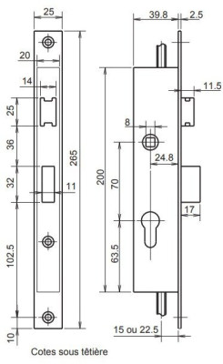 Serrure 3 points coffre 36x40 axe tringles 15mm - METALUX - F136403000