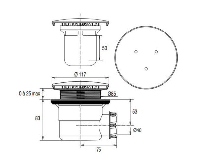 Bonde de receveur à capot métal rond 117mm pour douche D90 sortie verticale - VALENTIN - 00 553000 000 00