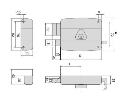 Serrure monopoint en applique horizontale à tirage 40mm gauche - CISA - 501210-01-2A