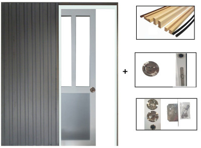 Porte Coulissante Atelier blanc et Gris RAL7035 Vitrée H204 x L73, Galandage, kit de finition