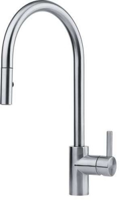 Mitigeur évier EOS NEO, douchette double-jet , levier bas 0°/90° tout Inox rotation Bec Col de cygne 180° Inox 727990 FRANKE