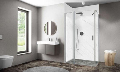 Porte pivotante avec élément fixe pour montage en angle CARIBA 100 cm Profilé Argent POLI Verre clair traité anticalcaire 1403040245 ROTH