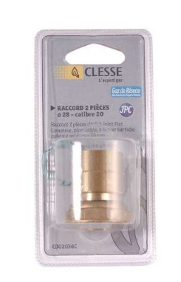 Raccord droit 2 pièces RC-2P-JPC-CU-C à joint plat compteur à braser sur tube cuivre D28 calibre 20 sous coque NF CD02036C CLESSE