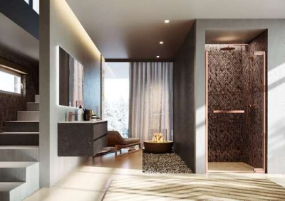 Porte pivotante en niche N180 1B 90 extensibilité 88,5-90 cm verre trempé transparent profilés Or Rose Brossé N1801B90-1R NOVELLINI