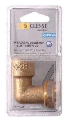 Raccord coudé 90° 2 pièces RC-2P-90-JPC-CU-C à joint plat compteur à braser sur tube cuivre D22 calibre 20 sous coque NF CD02040C CLESSE
