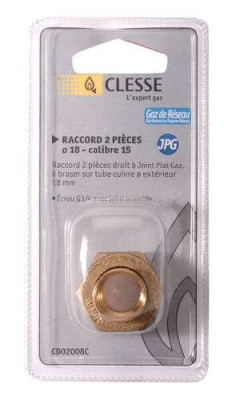 Raccord droit 2 pièces RC-CU-JPG-C à joint plat gaz à braser sur tube cuivre D28 calibre 20 sous coque NF CD02115C CLESSE