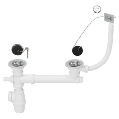 Vidage complet d'évier D60 2 bacs 2 bondes à bouchon siphon avec prise machine à laver et garde d'eau 50 mm trop plein extérieur 30724274 WIRQUIN