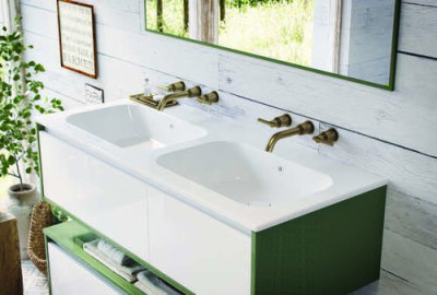 Table céramique double vasque avec trou de robinetterie QUBO51 L.141 x P.51,5 x H.17 cm finition blanc brillant 551438-9507 SANIJURA