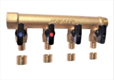 Distributeur MF 3/4" entraxe 50mm 4 piquages avec mini vannes intégrées à glissement Ø16 958G-4G16 GRK