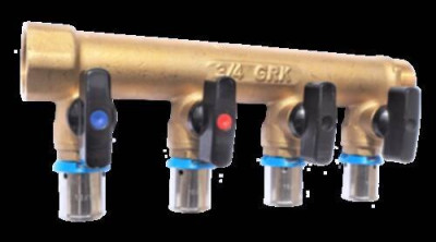 Distributeur MF 3/4" entraxe 50 mm 6 piquages avec mini vannes intégrées à sertir Ø16 958G-6S16 GRK