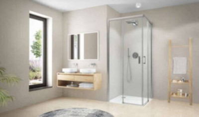 Paroi de douche demi accès d'angle coulissant sans seuil (1 coulissant et 1 fixe à droite), Série CARIBA, largeur 90 cm, , Profilé Argent POLI, Verre clair traité anticalcaire 1403040160 ROTH