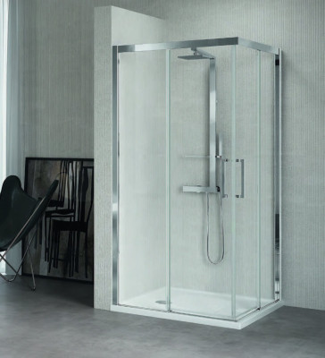 Cabine de douche d'angle Kuadra A 89-92 x 200 cm, verre transparent à gauche, profilés chromés Novellini