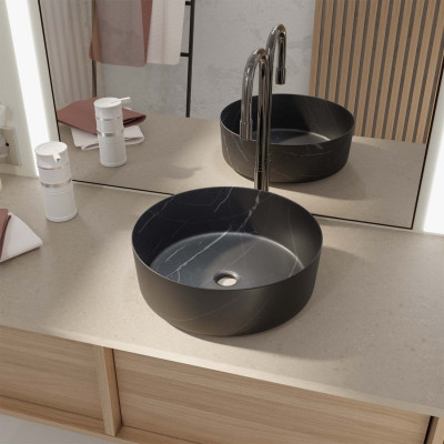 Vasque à poser ronde en céramique noire mat effet marbre ⌀36x12 cm - BLACK MARBLE