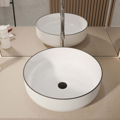 Vasque à poser ronde en céramique ⌀42x14 cm – Blanc et liseré noir