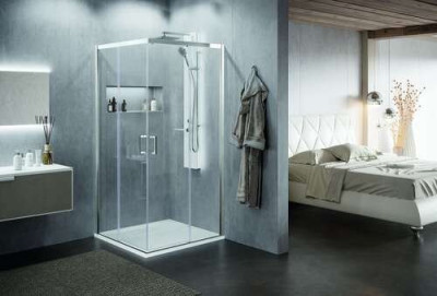 Accès d’angle coulissant côté droit ZEPHYROS 2.0 L90 verre transparent profilés silver ZEP2AH87LD-1B NOVELLINI