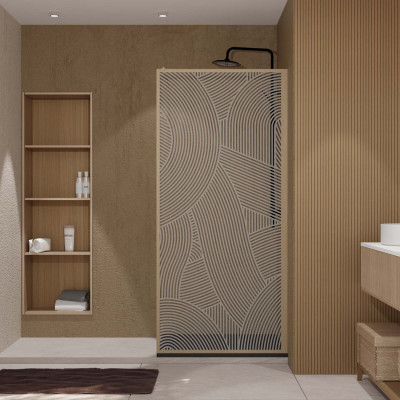 Paroi de douche 90 x 200 HINATA - style Japandi courbes douces - Cadre effet Bois - Verre 6mm