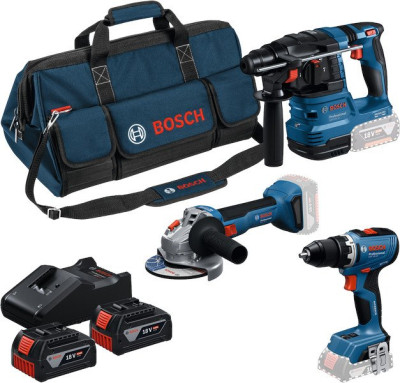 Set de 3 outils 18V (GSR 18V-65 + GWS 18V-8 + GBH 18V-22) + 2 batteries 4Ah + chargeur rapide + sac de transport - BOSCH - 0615A50094