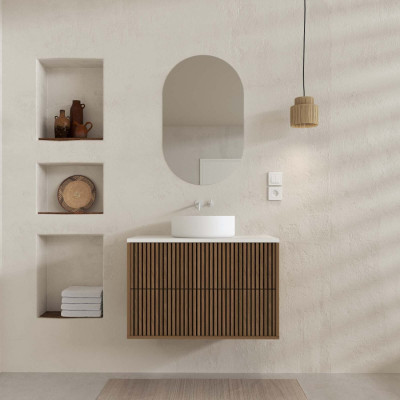 Meuble Salle de Bains 60 2 Tiroirs Décor Chêne et Noir - Vasque et Plan Blancs - Miroir Ovale