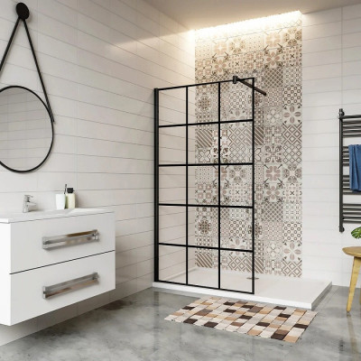 AICA Paroi de Douche Italienne 80x200cm - Verre Teinté 8mm Noir, Barre Fixation Cylindrique Réglable 70-120cm