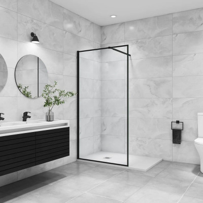 AICA Paroi de Douche Noire - Verre Anticalcaire 8mm avec Barre de Fixation Réglable, 90×200cm