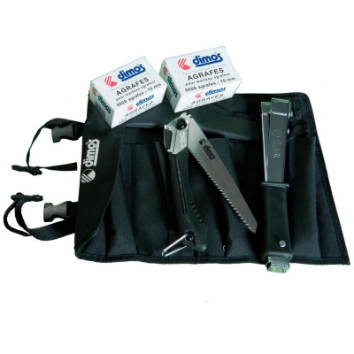 Sacoche à outils spéciale agrafage avec marteau agrafeur, 2 boites d’agrafes et une scie japonaise 980302 DIMOS