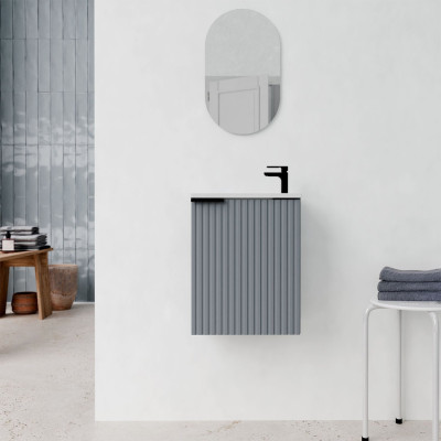 Ensemble meuble lave mains MDF ondulé gris 40x50x22cm et miroir ovale - MILO
