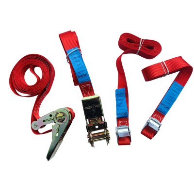 Lot de 4 Sangles d'arrimage 25 mm (1 partie) : 2 à cliquet larg 25mm Rouge Lg 4.50 Mètres LC 450 daN + 2 Came à griffe larg 25 mm Rouge Lg 3 Mètres LC 125 daN, sous sachet plastique ABALO01 COBALTIX