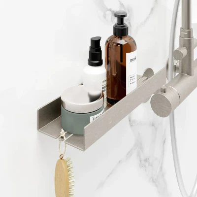 Etagère de salle de bain à coller, tablette de douche murale avec rebord, 28 x 9,5 x 3,5 cm, aspect inox Schulte