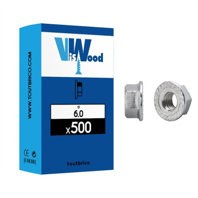 ECROU A EMBASE CRANTEE ZINGUE DIAMETRE 6 MM BOITE DE 500 VISWOOD
