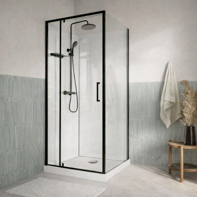 Cabine de Douche Carrée 90x90 - Colonne Thermostatique Noire et Receveur Bas Effet Pierre