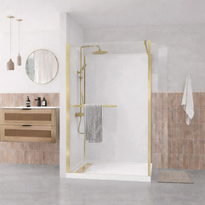 Cabine de Douche à l'Italienne 120x90 Colonne Thermostatique Or Brossé et Receveur Bas Effet Pierre