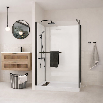 Cabine de Douche à l'Italienne 120x90 - Colonne Thermostatique Noire et Receveur Haut Effet Pierre