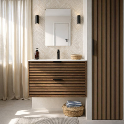 Meuble Salle de Bain Cranté Bois et Noir 80cm 2 Tiroirs - Vasque et Miroir - MALO