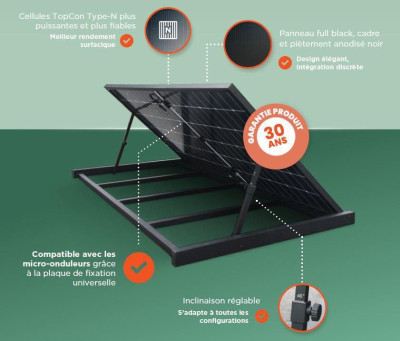 Kit solaire plug and play 520W bifacial biverre topcon module 1960x1134x30 mm sans micro onduleur inclus : système au sol avec angle variable plaque de montage micro onduleur toute marque 2000 mm de câble DC AR04942 NORWATT